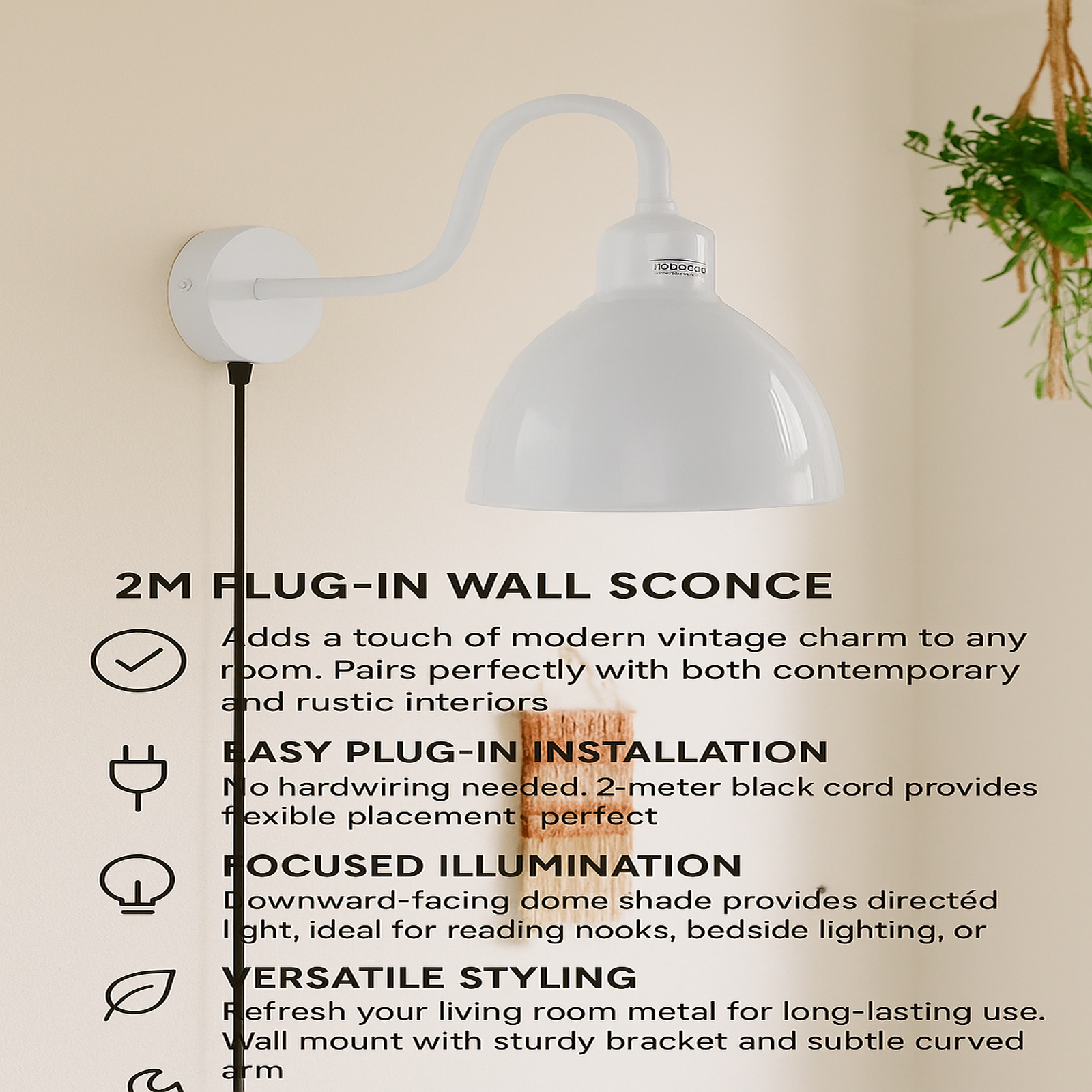 Industrial Vintage Plug-in Wall Sconce with Dimmer and Fabric Cable