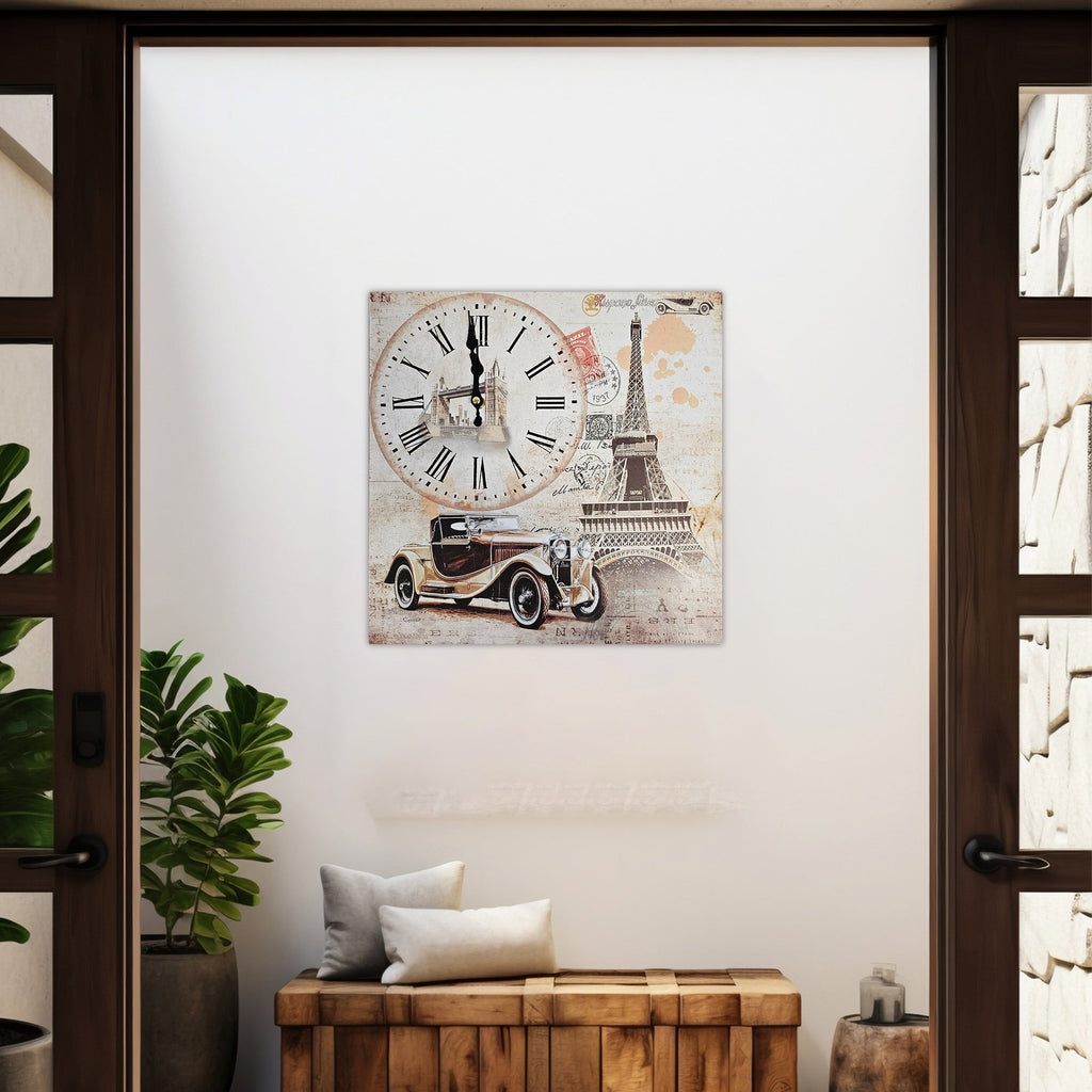 Eiffel Tower Rectangular Wooden Wall Clock Modern Frameless Vintage Car Design
