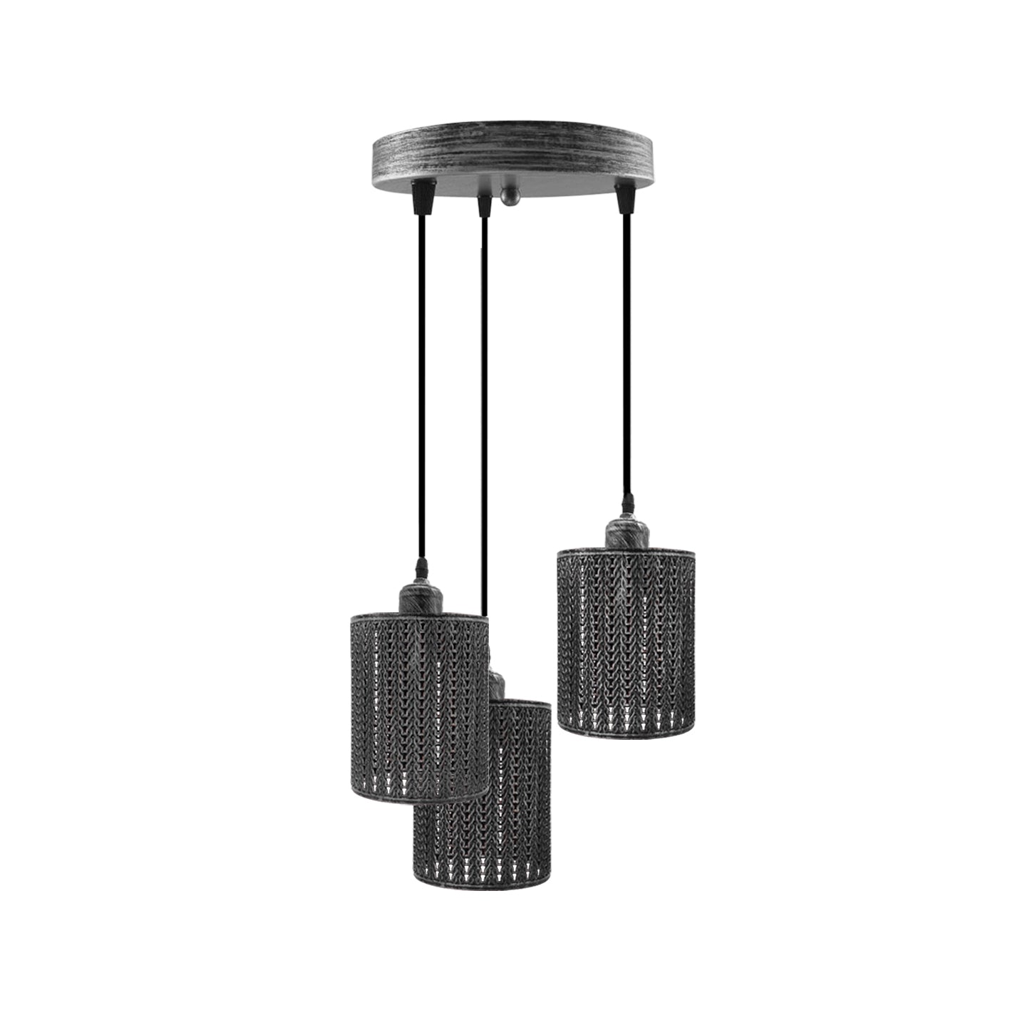 Industrial 3-Light Pendant Ceiling Fixture: Vintage Metal Cage Design with Adjustable Cords