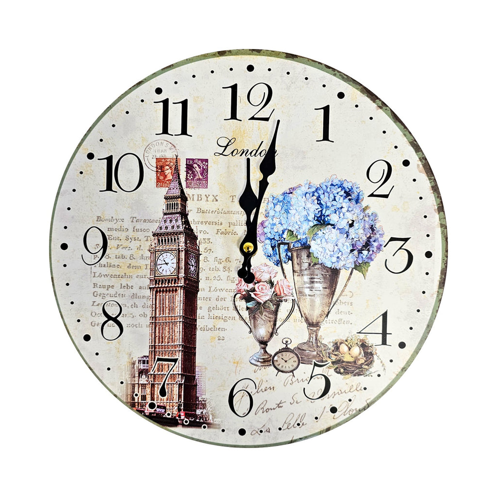 Retro Round Shabby Chic Patchwork Wooden Decorative Wall Art Clock