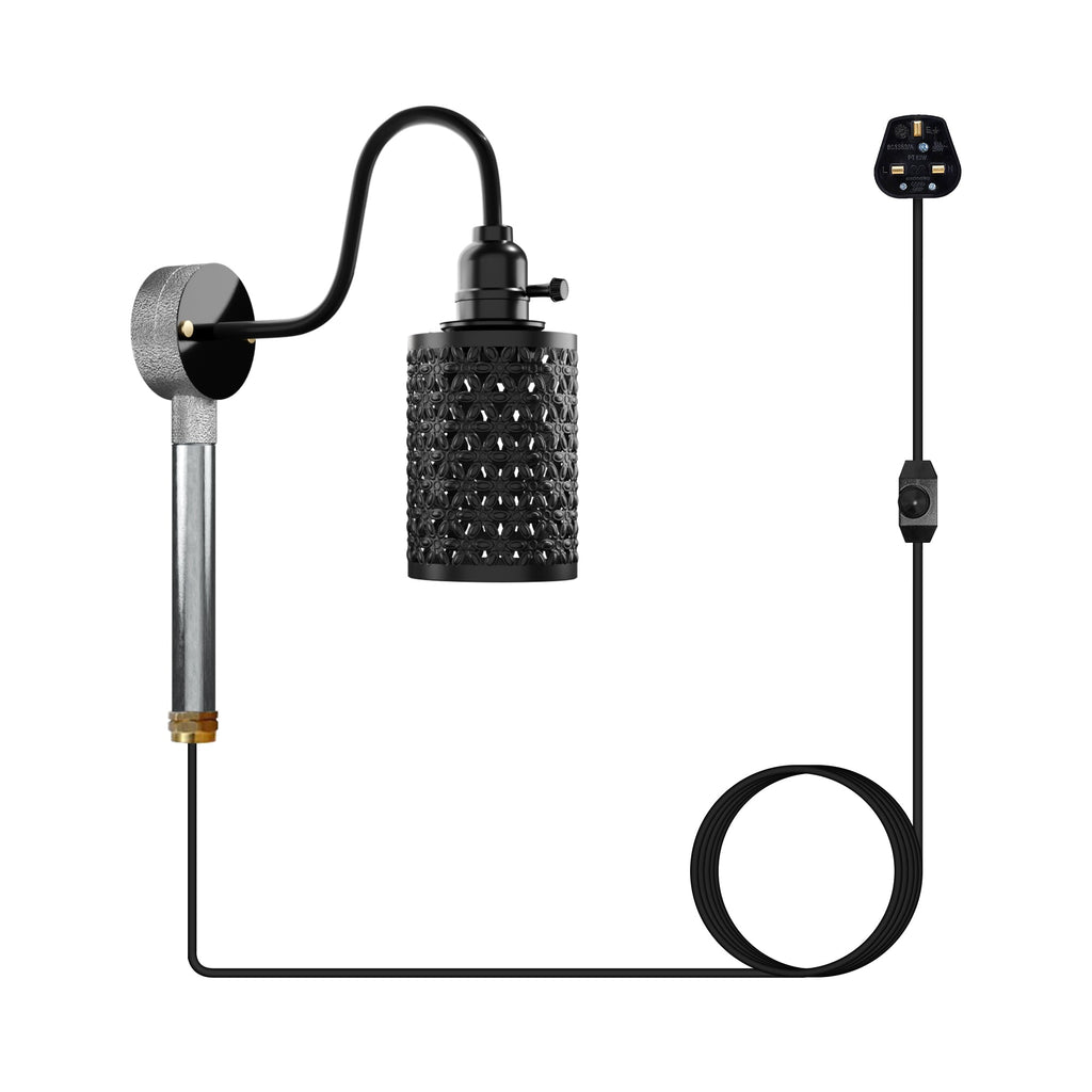 Industrial Galvanised Metal Swan Neck Plug-in Wall Light with Bulb Guard Cage