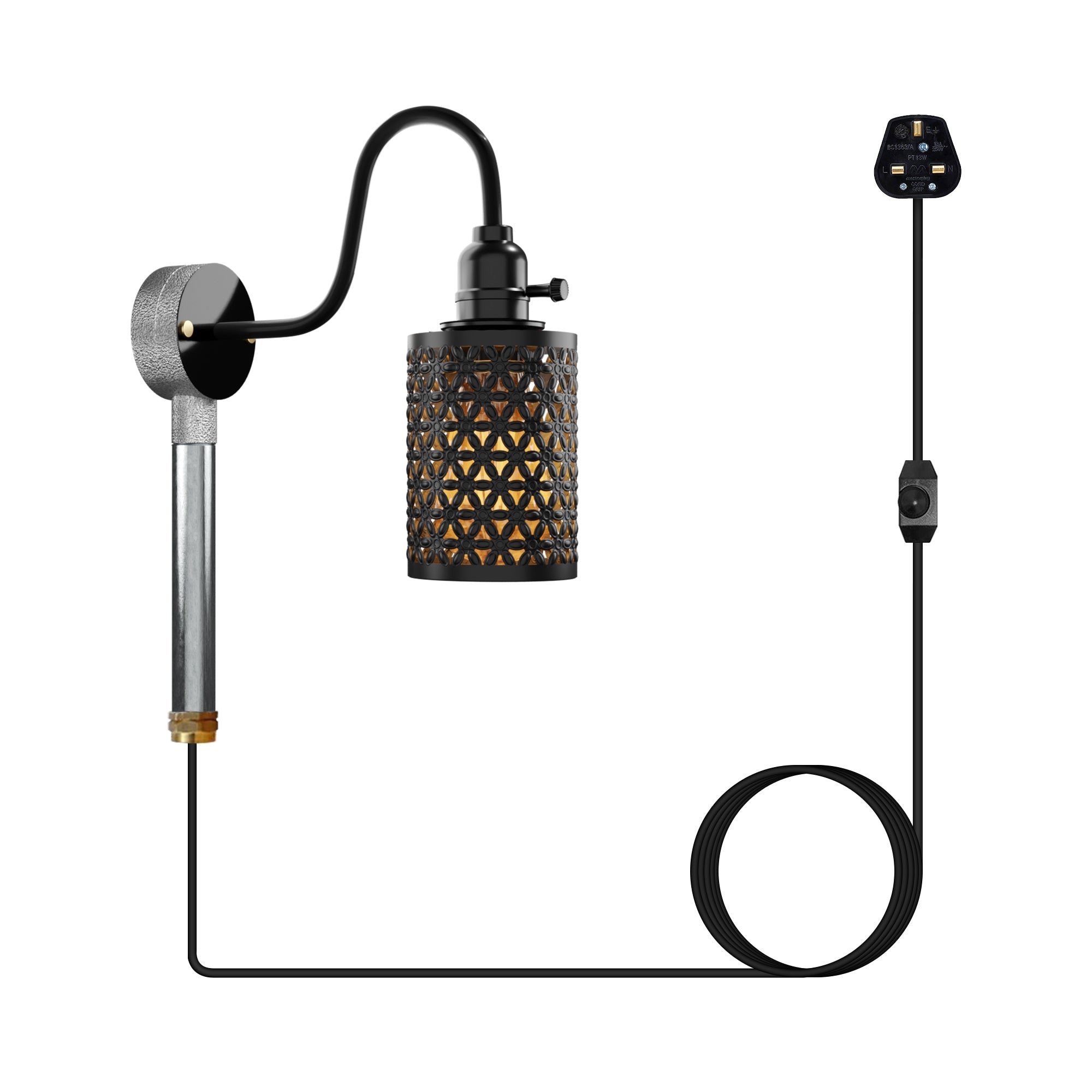Industrial Galvanised Metal Swan Neck Plug-in Wall Light with Bulb Guard Cage