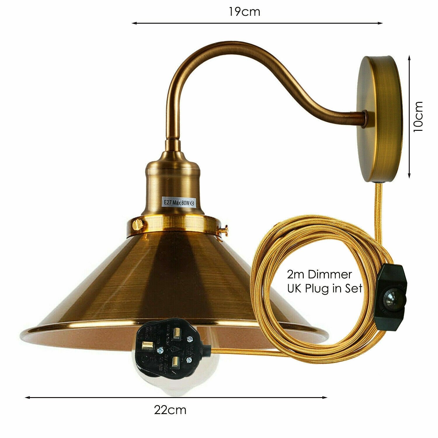 Vintage Industrial Plug-in Wall Sconce Light, Dimmer Switch, E27 Socket, 2M Cord