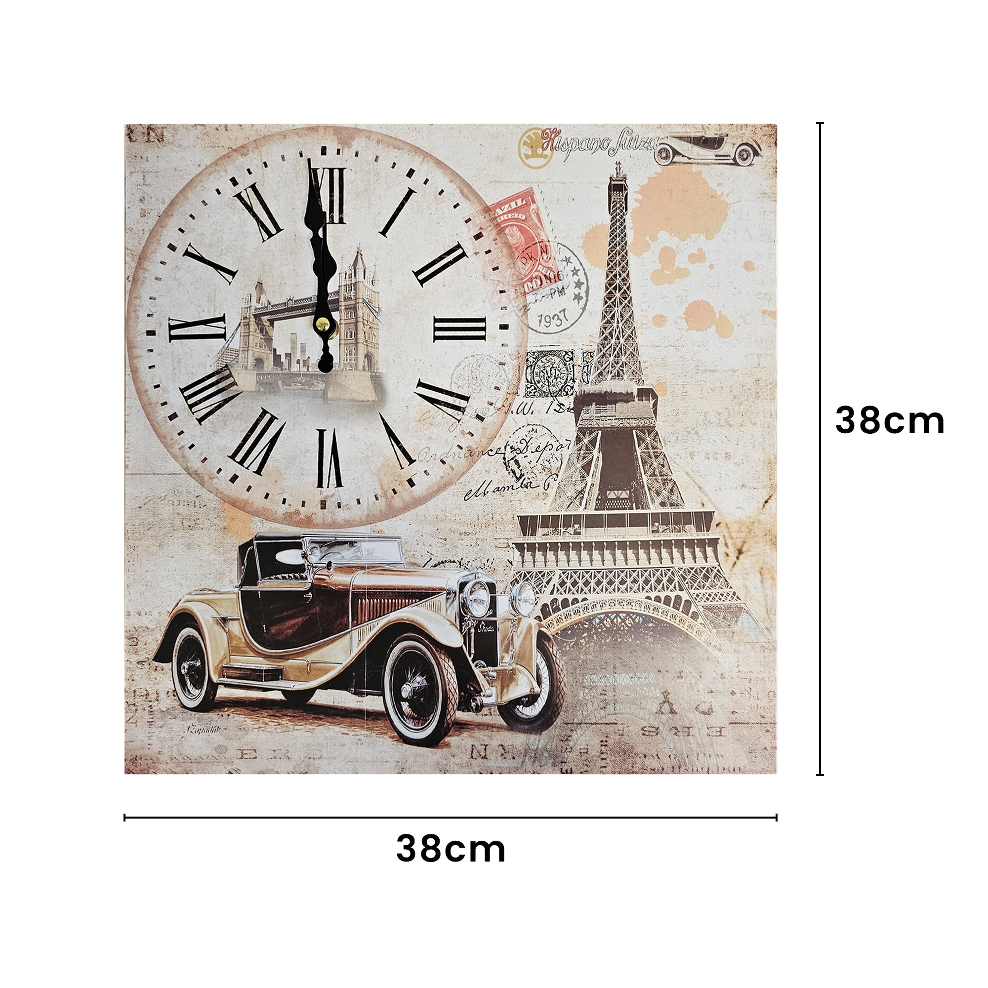 Eiffel Tower Rectangular Wooden Wall Clock Modern Frameless Vintage Car Design