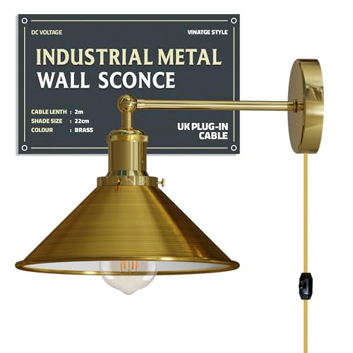 Industrial Indoor Plug-in Wall Light with Dimmer Switch, Adjustable Metal Shade