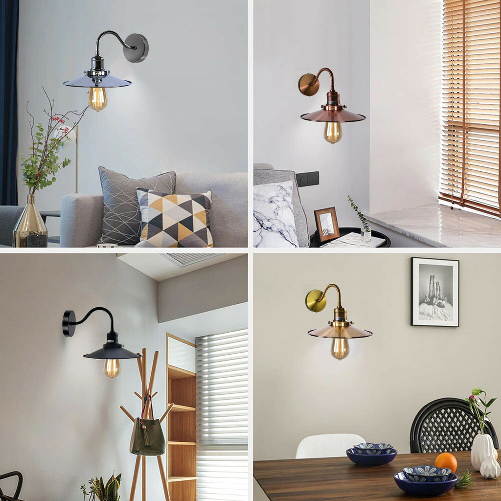 Vintage Industrial Metal Flat Shade Wall Sconce Lamp - E27 Swan Neck Light