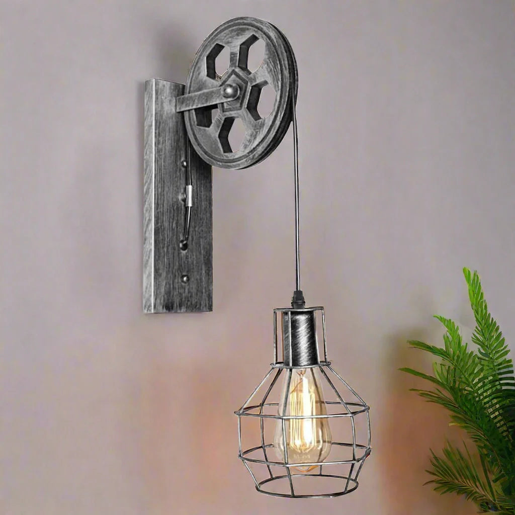 Vintage Industrial Pulley Wall Lamp: Adjustable Height E27 Lighting Fixture Home Decor