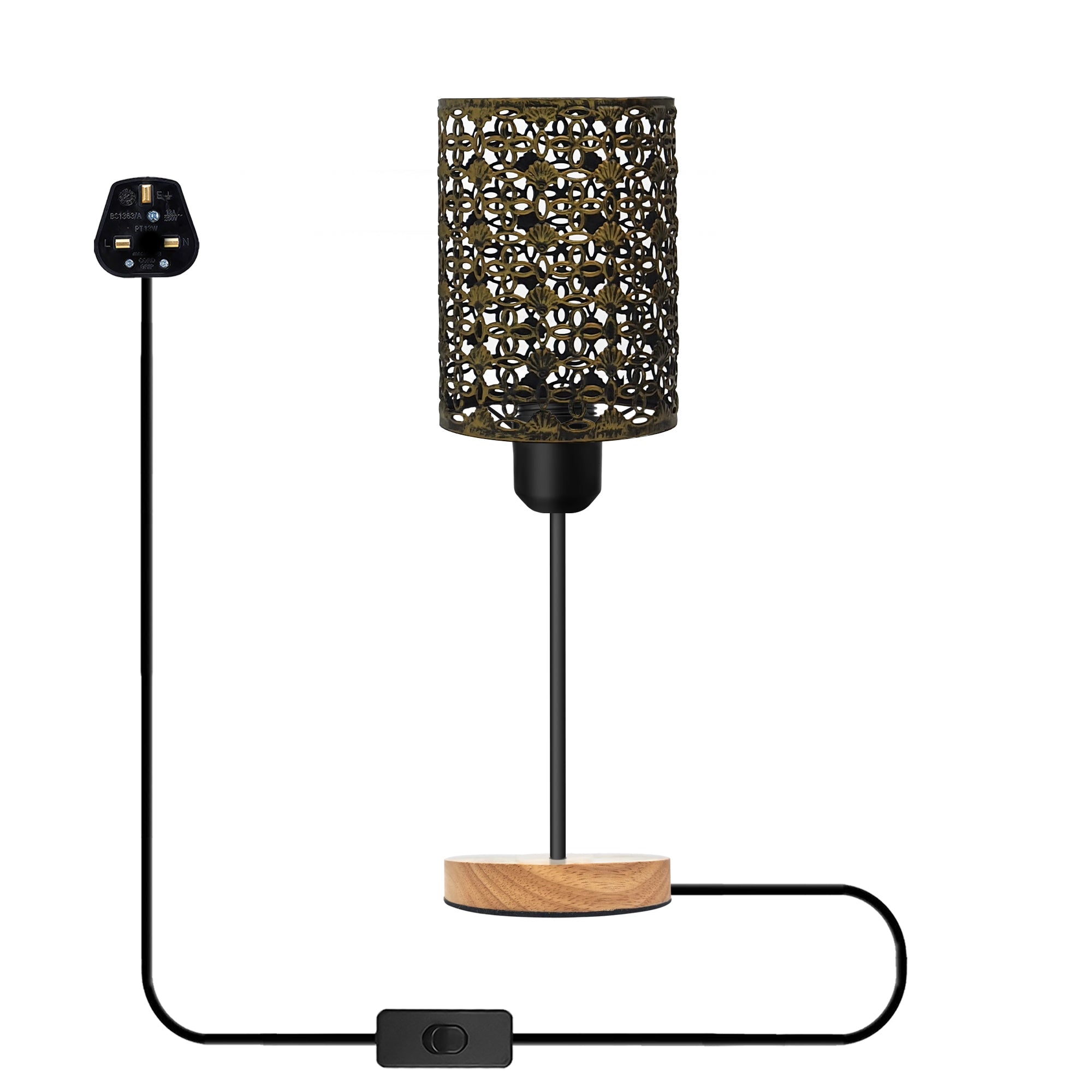 Modern Industrial Metal Cage Table Lamp with Wooden Base, Bedside Desk Light