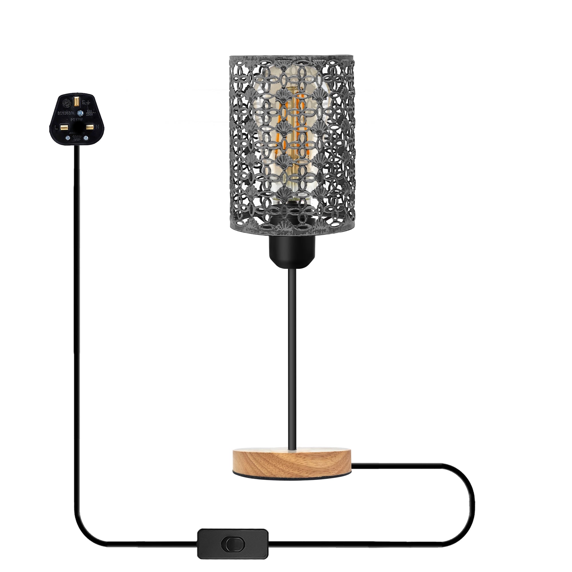 Modern Industrial Metal Cage Table Lamp with Wooden Base, Bedside Desk Light