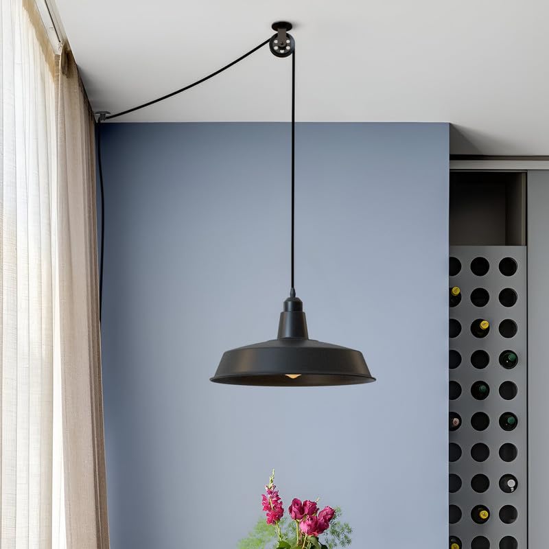 Adjustable Industrial Black Metal Pendant Light Pulley System for Cable Management