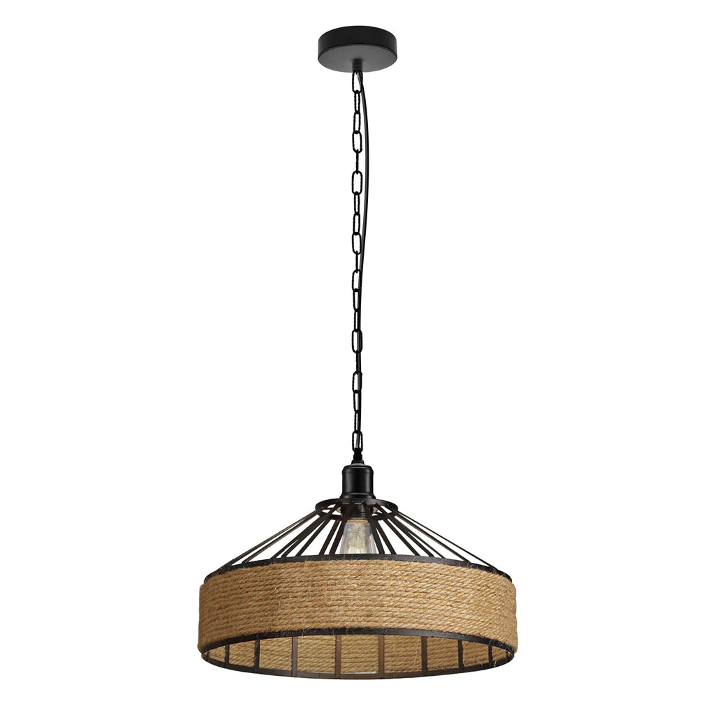 Chic Hemp Rope Pendant Light: Metal Cage, Adjustable Height, Rustic Farmhouse Style