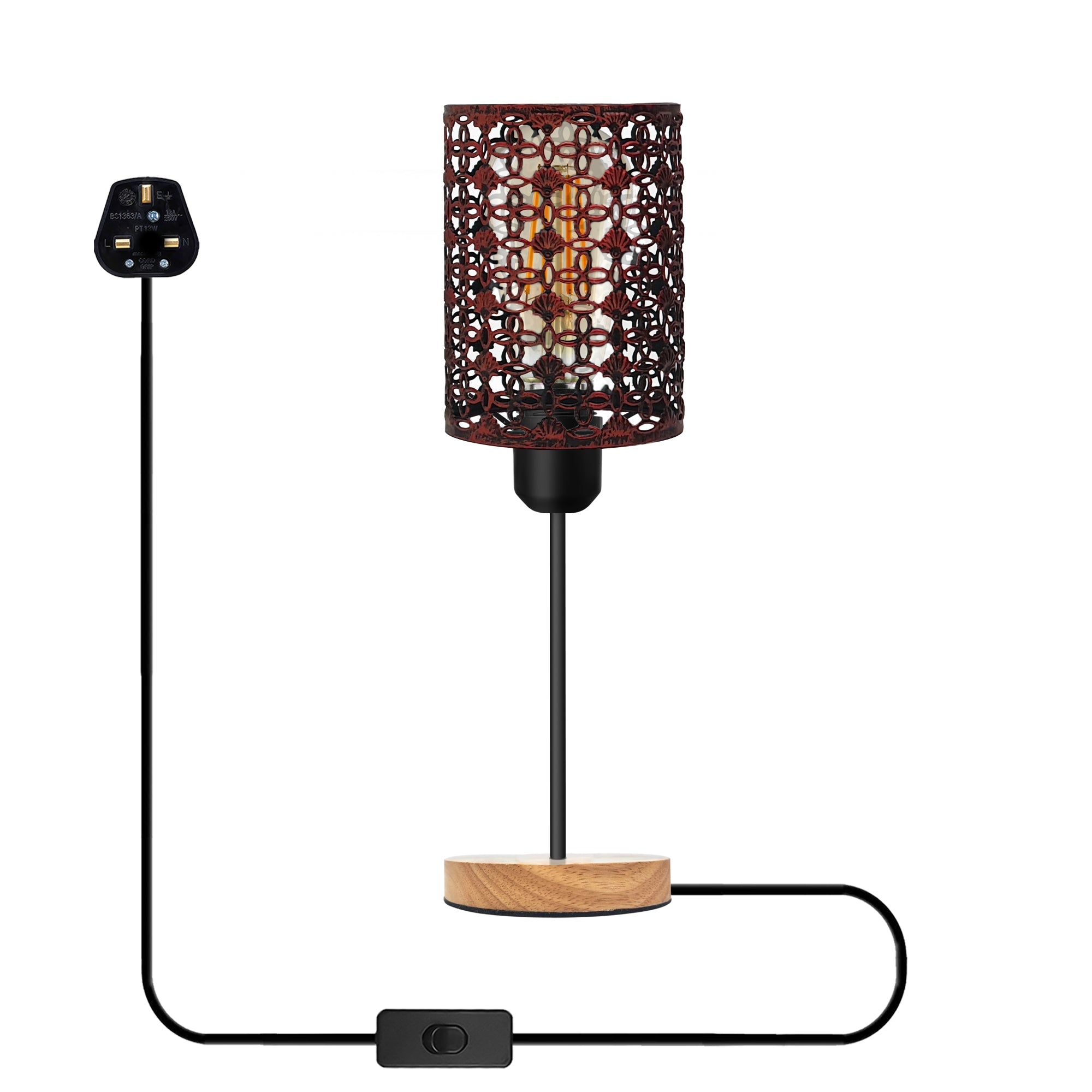 Modern Industrial Metal Cage Table Lamp with Wooden Base, Bedside Desk Light