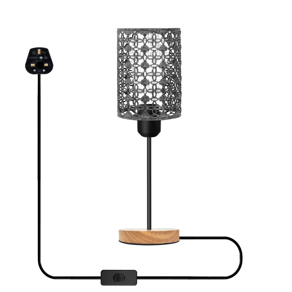 Modern Industrial Metal Cage Table Lamp with Wooden Base, Bedside Desk Light