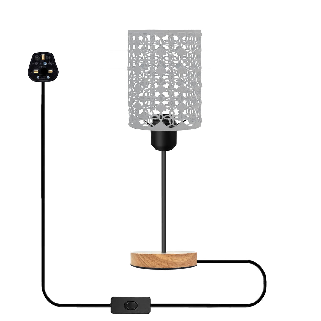 Modern Industrial Metal Cage Table Lamp with Wooden Base, Bedside Desk Light