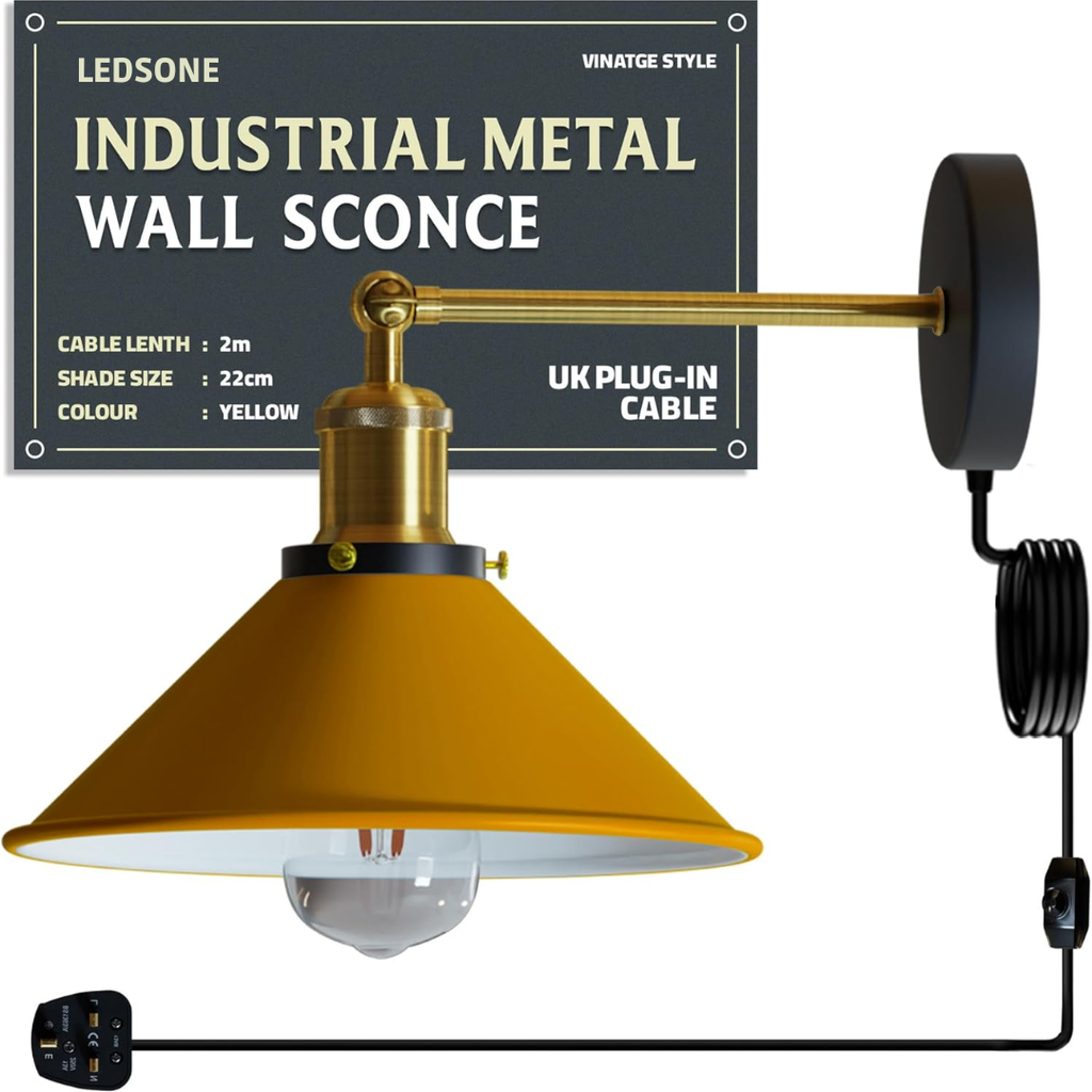 Industrial Indoor Plug-in Wall Light with Dimmer Switch, Adjustable Metal Shade